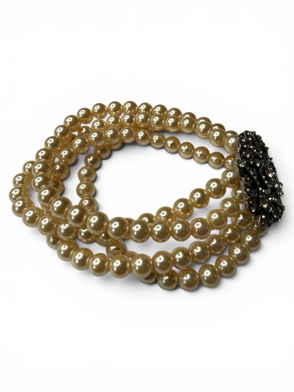 Vintage Faux Pearl Stretch Bracelet w/ Ornate Rhinestone Centerpiece - Picture 8 of 11
